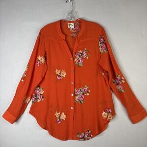 Fig & Flower Women's Orange Floral Embroidered Blouse Size L Boho Top